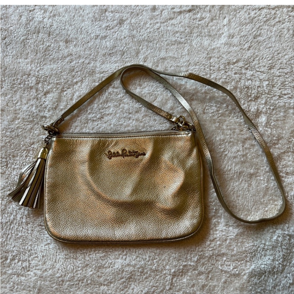 Lilly Pulitzer Gold Metallic Crossbody Clutch Faux Pebbled Leather Texture
